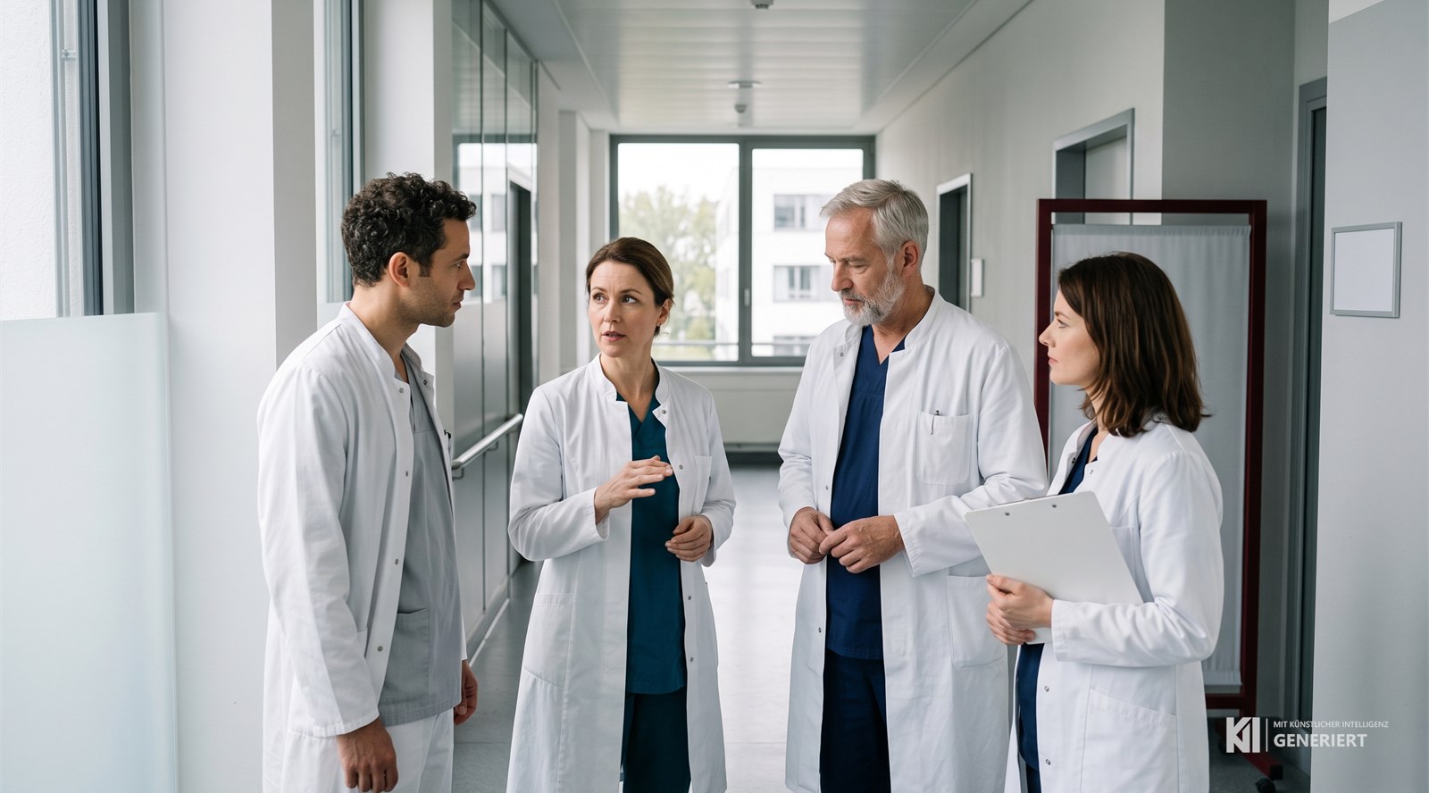 Vier ärztliche Führungskräfte im Gespräch auf einem Klinikflur