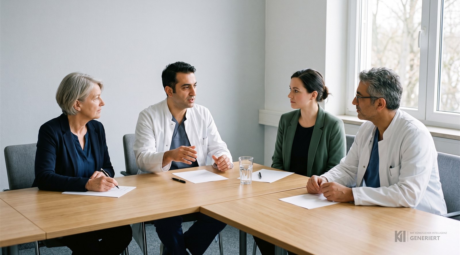 Vier Mitglieder einer Klinikleitung besprechen am Tisch eine Entscheidung
